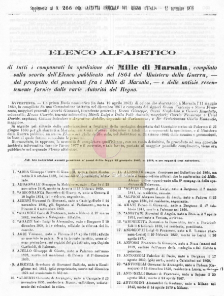Copia della Gazzetta Ufficiale 1878 definitiva di tutti la spedizione dei Mille di Marsala - archivio Grifasi Mario