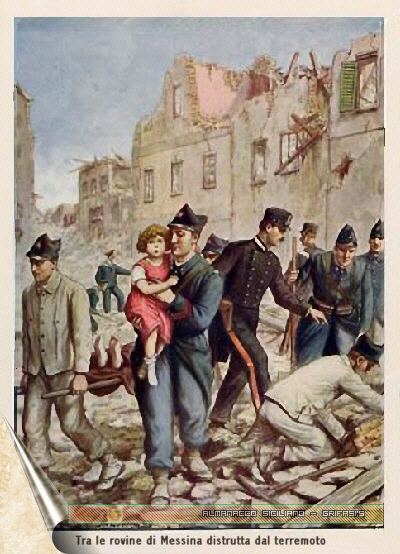 Illustrazione a colori del terremoto di Messina del 1908 .Tratta da STORIA D'ITALIA  di Paolo Giudici, da Editori Nerbini di Firenze