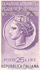 Propaganda per la denuncia dei redditi - 15/3/55 - Antica moneta siracusana  - 25 Lire