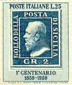 Centenario dei francobolli del regno di Sicilia - 2/1/59 - Francobollo da 2 grana di Sicilia - 25 Lire